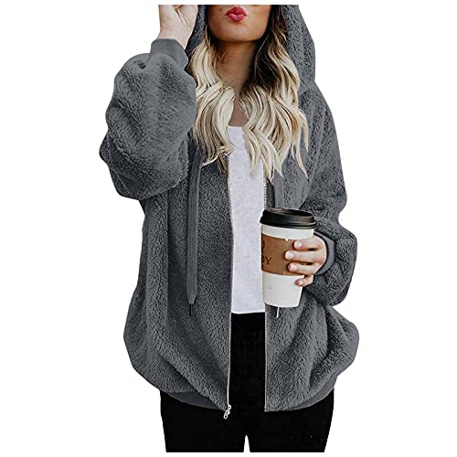 Womens Warm Fuzzy Zip Up Hoodies Oversized Sherpa Jacket Faux Fur Fleece Winter Coats Hooded Plush Jackets