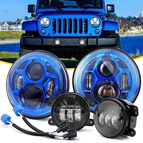 DOT Approved 7 inch Led Headlights with High/Low Beam + 4 inch Led Fog Lights Compatible with Jeep Wrangler JK TJ LJ 1997-2018 (Blue) DOT Approved 7 inch Led Headlights with High/Low Beam + 4 inch Led Fog Lights Compatible with Jeep Wrangler JK TJ LJ 1997-2018 (Blue)
