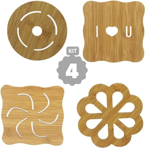 Kit Com 4 Descanso De Panela MDF Com Imagens Decorativas Formas Variadas Quadrado e Redondo 15,6cm