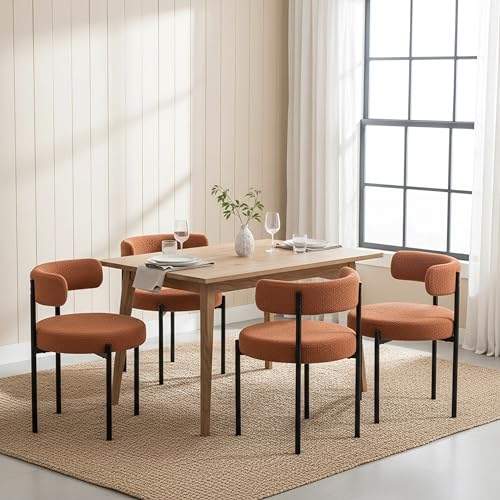 Boucle Dining Chairs Set of 4, Rust Dining Chairs with Upholstered Seat and Round Back, Mid-Century Modern Kitchen Chairs for Dining Room, Restaurant