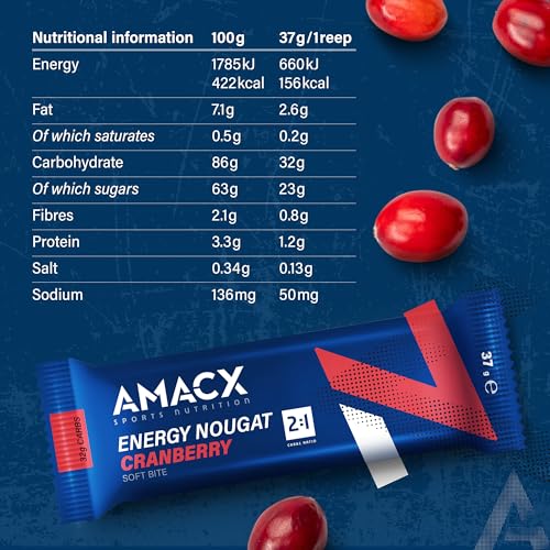 AMACX Energieriegel Nougat-Fruchtriegel – Healthy Snacks für Ausdauersportler – Energy 12er Pack – Fitness Riegel mit Glukose und Fruktose – Power Bar mit 32g Kohlenhydrate – Cranberry