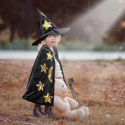 Disfraz infantil de bruja con capa, sombrero y varita miniatura 6
