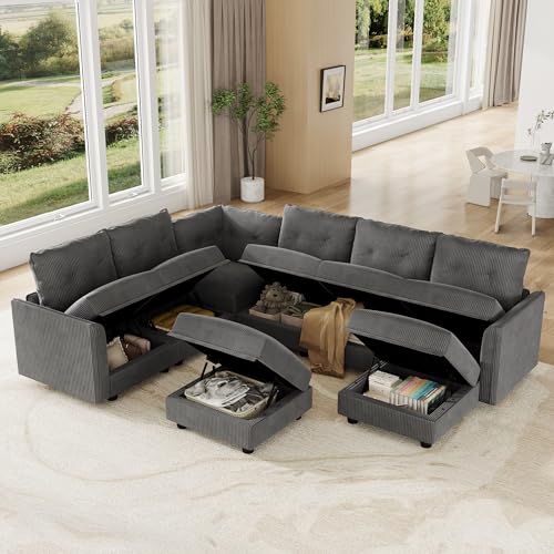 Image of LLappuil Modular Storage Sectional Sofa with Ottoman, U Shaped 8-Seat Corduroy Couch with 7 Throw Pillows, Convertible Sofa Set for Living Room, Skin-Friendly & Soft, Scratch Resistant, Grey