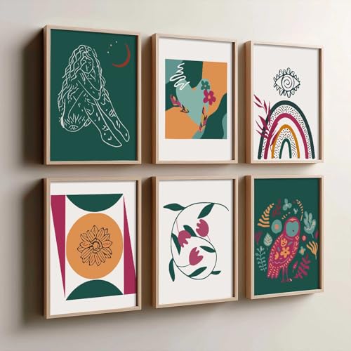 Image of kotart Boho Theme wall art for home decor, living room, bed room | Poster with frames wall hanging paintings | Boho digital wall art - (Pack of 6 Multicolor) (10x13 inch, H)