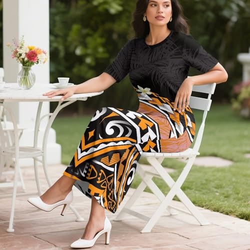 Image of Puletasi Samoan Traditional 2 Piece Outfits for Women Short Sleeve Crop Top and Maxi Skirt Sets Puletasi Dress