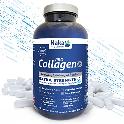 Naka Pro Marine Collagen 380 Capsules -2000 mg of Collagen Peptides Protein Supplement to Support Joints, Hair, Skin and Nails- Made in Canada