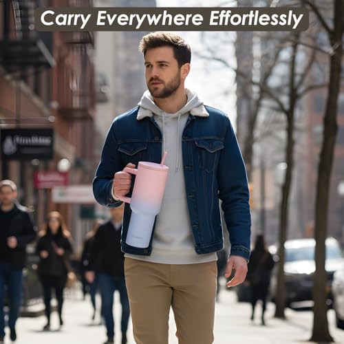 Image of 1200ml Stainless Steel Tumbler Water Bottle with Handle, Straw | Double Insulated Hot & Cold Leak-Proof Sipper Bottle for Coffee, Travel, Gym, Office & Home (Pink)