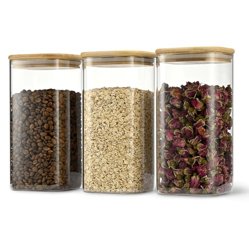 D2scrma 50oz Airtight Glass Square Storage Canister with Bamboo Lid Set of 3 (1500ml) Container...