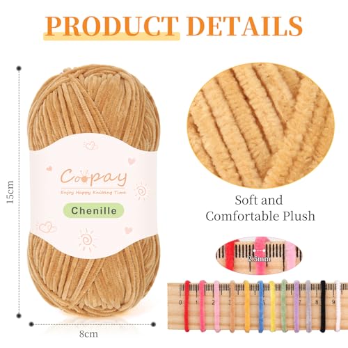 Image of Coopay Skinny Chenille Yarn for Crocheting and Knitting, 12 Pack of 50g /1.76oz - 1764yd Total, Soft Velvet Yarn of Baby Weights - Suitable for Baby Blankets, Plush Toys - Super Soft (Brown Gradient)