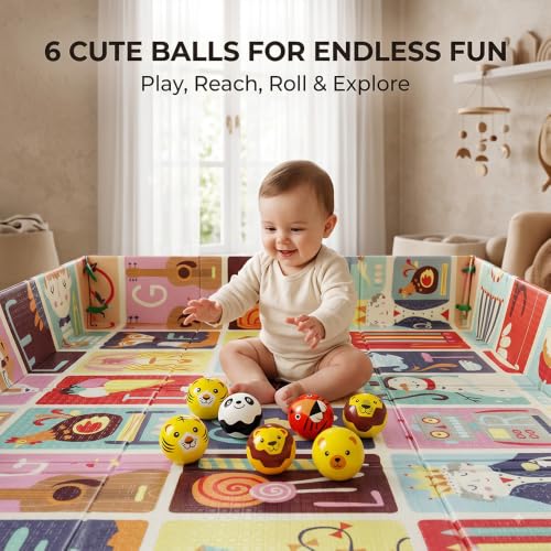 Image of StarAndDaisy Foldable Baby Play Mat 5 x 6 Ft, 6MM Thick XPE Foam Playmat, Reversible 2-in-1 Design with Protection Wall, Lightweight Cushioned Floor Mat with 6 Balls for Crawling, Playing & Learning