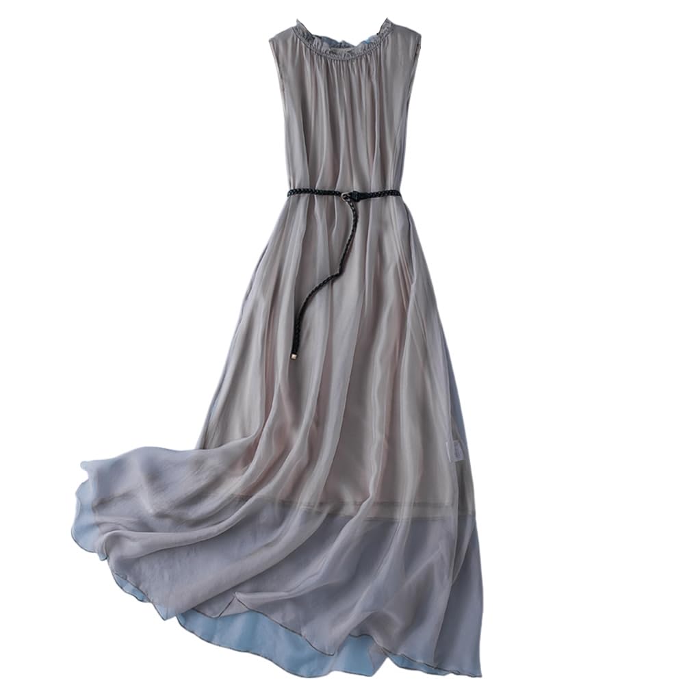 DISSA Damen Seidenkleid Einfarbiges Rundhals Ohne Arm 100% Seide Kleid Luftiges Hoch Taillierte Rüschen Knielanges Mulberry Seidenkleid,D98003