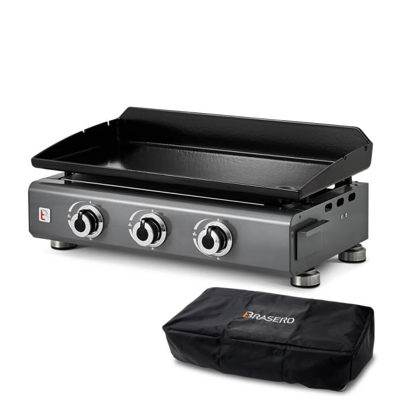 BRASERO BY FAVEX – Plancha gaz Silvia IIG 3 feux Gun Metal – Plaque fonte émaillée 5 mm – 7,5 kW – 67 x 34 cm – 10 convives – Housse incluse