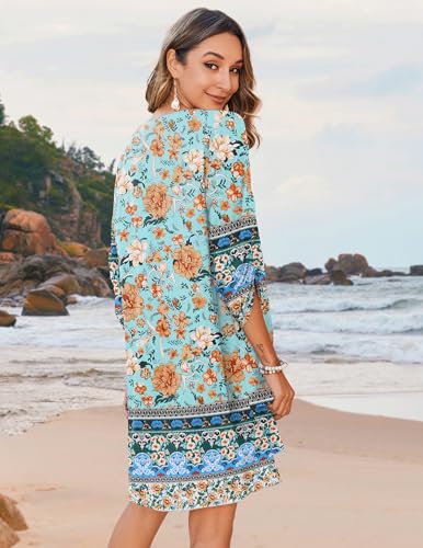 Image of Zeagoo Womens Boho Dresses Casual Beach Summer Dress Tassel Tie Neck 3 /4 Long Sleeve Mini Sundress 2026 Floral Print Cover Up