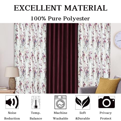 Image of 6 Feet Polyester Floral Light Filtering Window Curtains for Living Room, Bedroom & Dining Room, Eyelet Top, Wine Printed and Solid Plain Curtain Set of 3