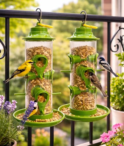 Image of rizopets Hanging Need Hut Shape Bird Feeder,6 Feeding Nozzles Green, Transparent Tube,Perch Feeder for Outdoor Garden,Balconies Pack of 2