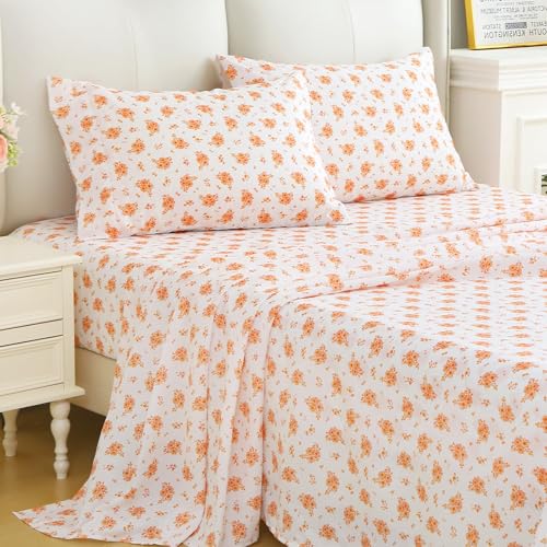 Image of MUXHOMO Queen Size 4 Piece Sheet Set, Soft & Breathable Sheet Set for Bedroom with Deep Pocket Up To 16 inch, Wrinkle-Free & Cooling Bed Sheet with Flat Sheet, Fitted Sheet & Pillowcases - Blossoms Orange