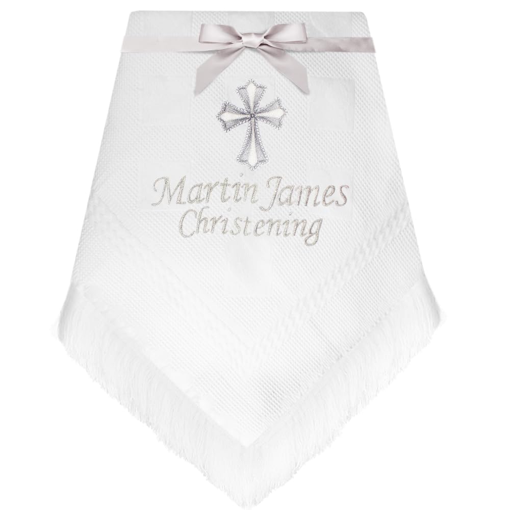 Teddyt's White Personalised And Silver Embroidered Cross Baby Birth Shawl Blanket