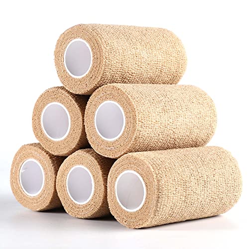 Self-Adhesive Cohesive Wrap Bandage Flexible Stretch Tape Athletic Strong Elastic First Aid Wrap Bandages for Wrist & Hand, Ankle Sprains, Swelling 6 Packs, 4Inch X 5Yards(Beige)