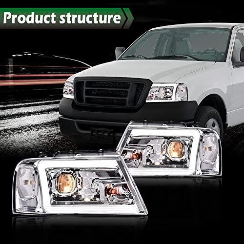 Image of GRAND ORANGE LED DRL Headlights Assembly Compatible with Ford F150 2004-2008 / Fit 2006-2008 Lincoln Mark Lt (NOT Fit 2004 F150 Heritage /Flareside Beds) Clear Lens Chrome Housing Clear Reflector