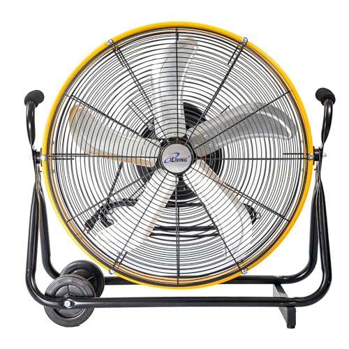 iLiving 24 Inch 3-Speed Orbital Internal Oscillating High Velocity Barrel Floor Fan for Office, Auto Shop, Garage, Workshop, Warehouse, 7800 CFM, Yellow