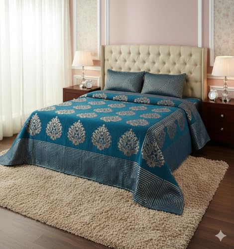 Image of Fresh from Loom Chenille 500 TC Double Bedsheet, Dimas Print Design with 2 Pillow Covers, Bedsheet Set for Bedroom Styling, Soft Touch Breathable Beddin 90x100 Inches | Jhumka Sky Blue | Chenille