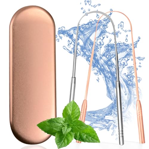 Raspador de Língua 100% Aço Inoxidável Cobre Puro (2 Unidades), Com Estojo de Viagem, Reduz Mau Hálito, Fácil de Usar, Higiene Oral e Limpeza da Língua
