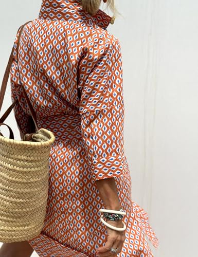 Image of MSBESYOR Women Button Down Striped Shirt Maxi Dress Casual Lapel 3 /4 Sleeve Belted Loose Vacation Long Dresses Orange