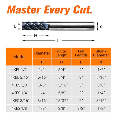 Image of ACCUCUT I4KEL 5 /16 inch Carbide Square End Mill- 4 Flute Milling Bit for Steel, Forge Harden Steel, Copper, Alloys & Materials < HRC 50 - AlTiCrN Coating CNC Router Bit, 45 Degree Helix