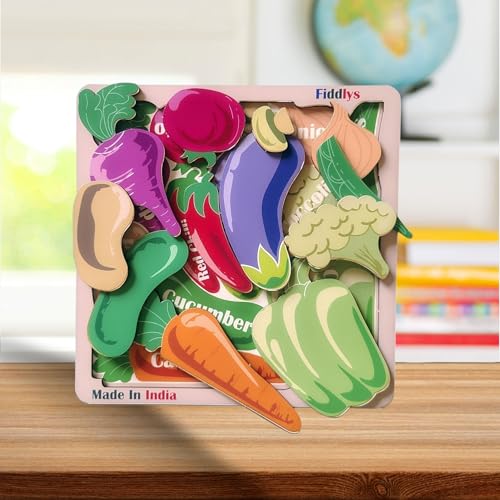 Image of Fiddlys Wooden Educational Jigsaw Puzzles for Toddlers & Preschoolers, Double Layered Wooden Puzzles with Bright Front & Back Print Alphabet Shapes and Numbers Learning, Toy (Vegetable)