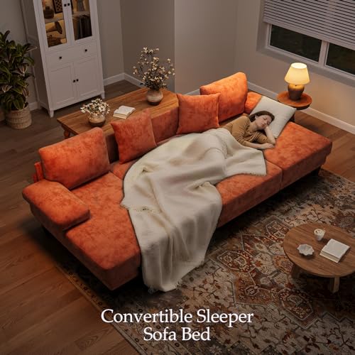 Image of Txtin's Sleeper Sofa with Pull Out Couch Bed | 112 Inch Couches for Living Room | U-Shaped Convertible Sofa Bed | Chenille Orange