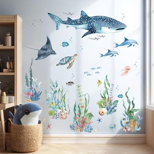 Ocean Animal Wall Decals Large Sea Creature Wall Stickers Under The Sea Fish Wall Art Decor for Kids Bathroom Bedroom Nursery Living Room