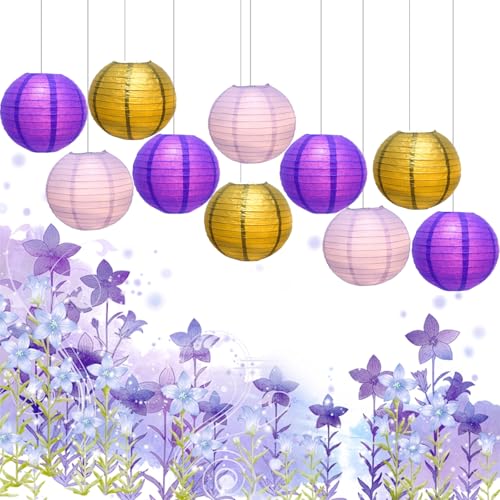 Image of Purple Chinese Paper Lanterns with LED Lights, 10-Pack 12inch | Hanging Lights for Mardi Gras, Graduation, Birthday Decorations, Ceiling Decor, Home Party & Baby Shower