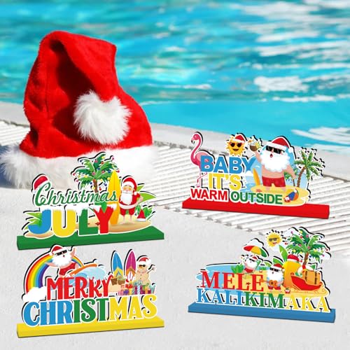 Image of 4pcs Summer Christmas Decorations Wood Table Centerpieces Baby It's Warm Outside Merry Christmas Party Table Decorations Mele Kalikimaka Santa Claus Style Tabletopper