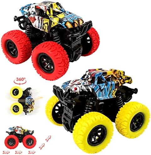 m zimoon Monster Truck, Pull Back Vehicles Friction Cars 360 Degree Rotating Inertia Car Toys for Boys Girls Toddler(2pcs, Red Yellow)
