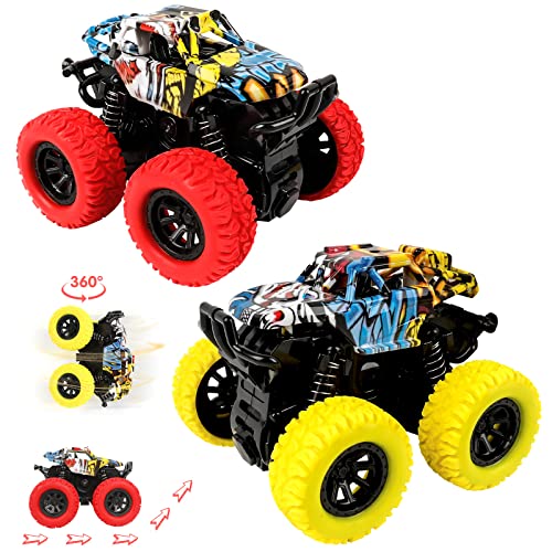 m zimoon Monster Truck Juguete Coches Fricción 360 Grados Giratorio Camión de Inercia Coches de Juguetes para Niños Niñas(2 Piezas, Rojo Amarillo)