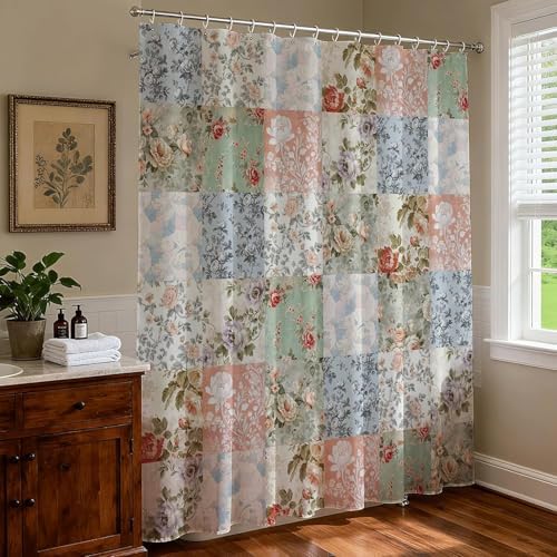 Shower Curtains for Bathroom, Boho Shower Curtain, Vintage Boho Pink Floral Bathroom Decor Bath Curtain, Mid Century Waterproof Retro Farmhouse Patchwork Floral Shower Curtain, 72 X 72 Inches — view 6