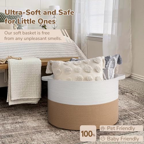 Image of INDRESSME 115L Extra Large Jute Rope Basket, Blanket Basket Home Decor Baby Laundry Baskets for Toys Storage Bedroom, Living Room, Nursery, Boho Hamper for Colthes Towel, White & Camel