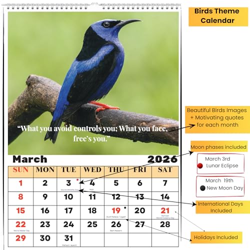 Image of 2026 Wall Calendar | Pack of 2 Calendars | Size - 12x17 Inch with Motivational Quotes,Holidays Mentioned | 220 GSM Thick Paper | Wiro Bind | Notes, Scheduling and Planning For Home Office School Hanging (Bird and Floral Calendar)