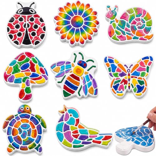 Lewtemi 8 Pcs Paint Your Own Stepping Stones for Craft DIY Plaster Stepping Stones Garden Decor Painting Art Set for Art Class Summer Activities & Home Decor (Assorted Design)