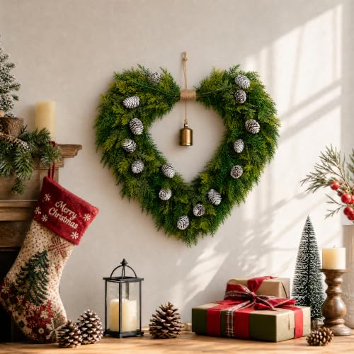 Pinkpum 22" Heart Shaped Christmas Wreath for Front Door with Gold Bells - image 7