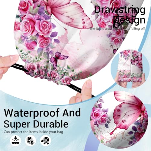 Image of Pink Butterfly Gymnastics Grip Bag Small Drawstring Gym Bag Outdoor Storage
