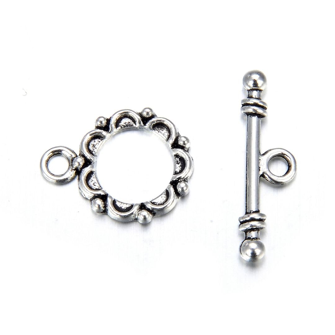 Adabele 10 Sets Flower Toggle Clasp 14mm (0.55 Inch) T-Bar Closure Antique Silver for Necklace Bracelet Craft Jewelry Making MC-AF12