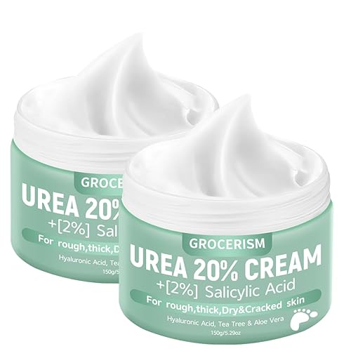 Grocerism 2 paquetes de crema de urea 20% más 2% ácido salicílico 5.3 onzas Crema de pies de máxima fuerza con ácido hialurónico, árbol de té y