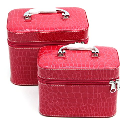 HOYOFO 2-Piece Stone Texture Cosmetic Train Case Set Makeup Bags with Mirror,Rose Red