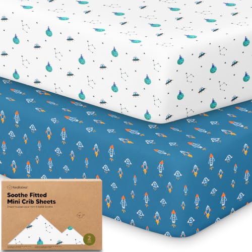 Image of 2pk Mini Crib Sheets Fitted 38x26 Pack N Play Mattress Sheet (Space Quest) | Organic Cotton Sheets for Pack and Play Mattress, Soft, Breathable Playard Bedding Sheet, Mini Toddler Bed Cover, Boys, Girls