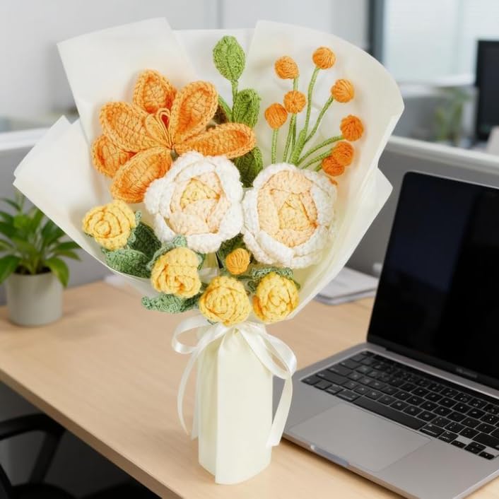 Crochet Flower Bouquet for Mom, Valentines Handmade Crochet Flowers Gifts, Knitted Tulips Rose Bouquet for Women, Birthday Graduation Gifts for Her (Orange) - Image 9