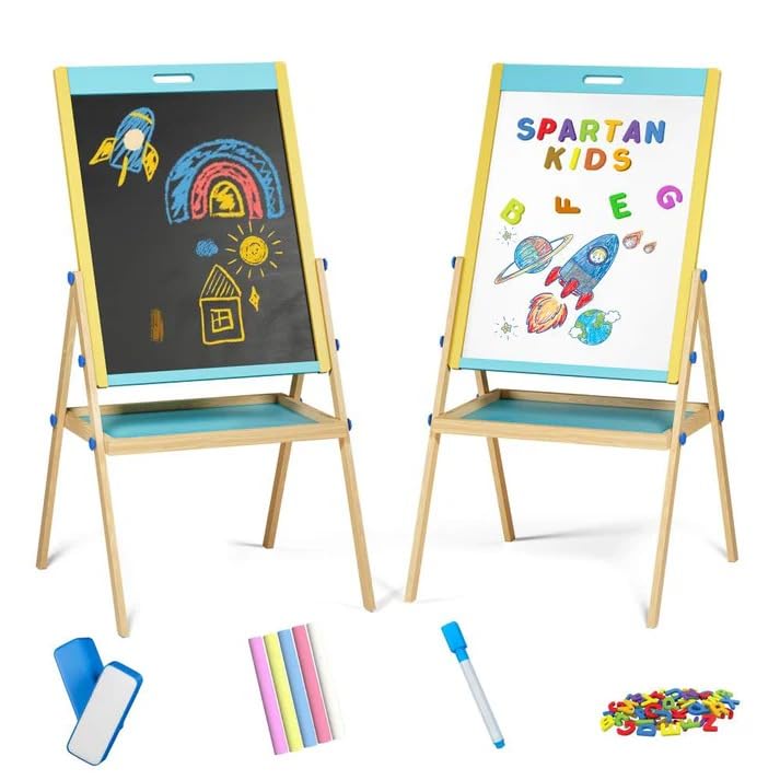 Braintastic Kids Wooden Double-Sided Magnetic Easel Board, 3-in-1 Chalkboard and Whiteboard, with Alphabet Letters, Marker, Chalk, Duster, 99 cm, for Ages 3 Years and Above (Blue)-image-26