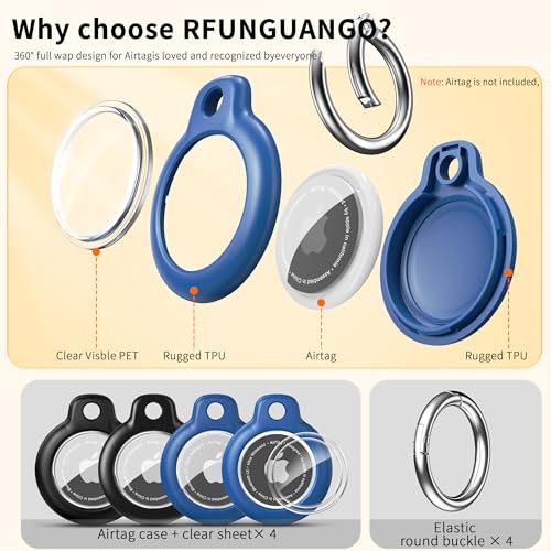 Image of RFUNGUANGO Apple AirTag Holder with Key Ring 4 Pack AirTag Case, Hard Protective AirTag Case for Kid, Pet, Luggage, Backpack, Key - (Black-2P,Blue-2P)