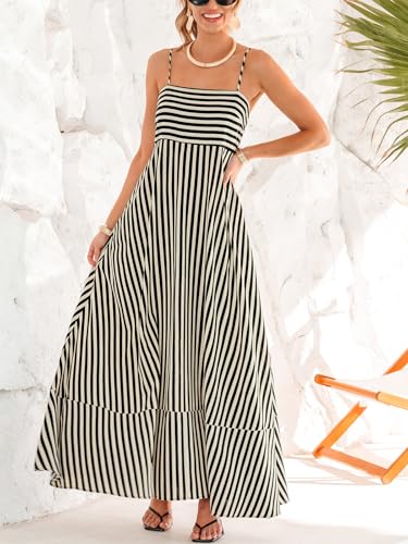 Image of CUPSHE Womens Summer Maxi Dress Casual Sleeveless Square Neck Striped Beach Long Dress with Pockets