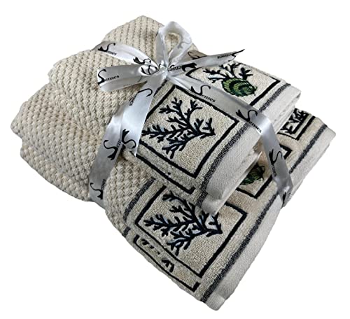 Image of SENSES By Riba Cotton Embroidered Towel Set, 550 GSM Soft & Absorbent, Antimicrobial, Oeko-Tex Certified | Ideal for Home & Gifting, Pack of 4 (2 Bath 27 inchX50 inch + 2 Hand Towels 16 inchX26 inch) - Style 5